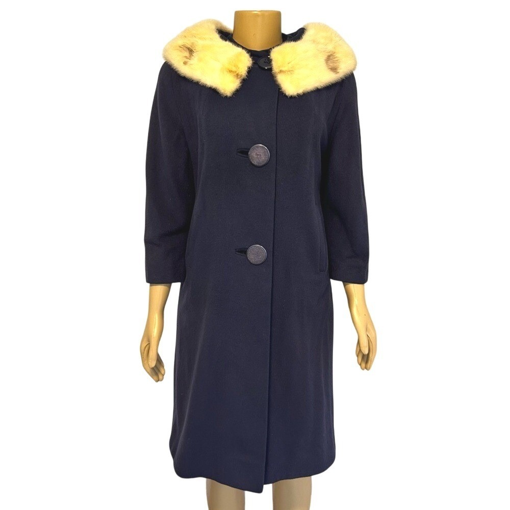 Vintage Hombergers Atlantic City Navy Blue 100% Cashmere Mink Fur Collar Coat